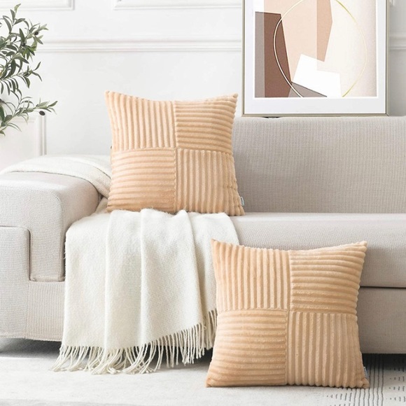 Luxury HomeCozy Chic Beige Striped Soft Corduroy Plush Throw Pillow Covers